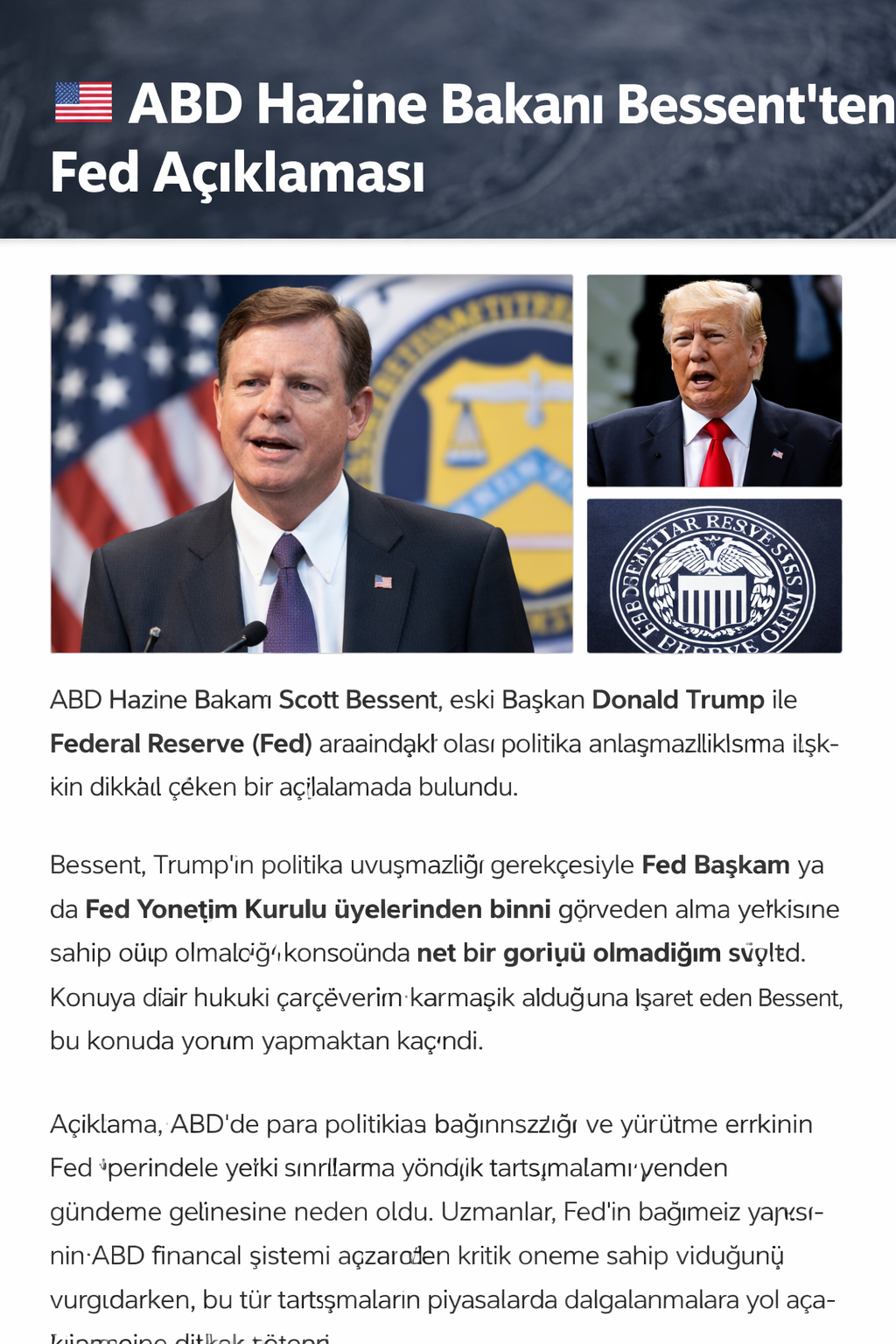 ABD Hazine Bakanı Bessent’ten Fed Açıklaması